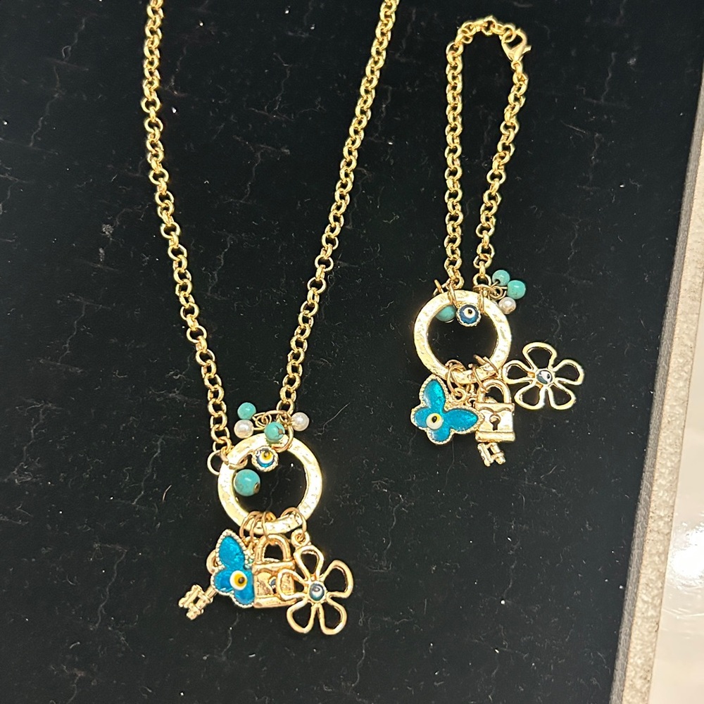 Elegant Gold and Blue Charm Necklace & Bracelet Set